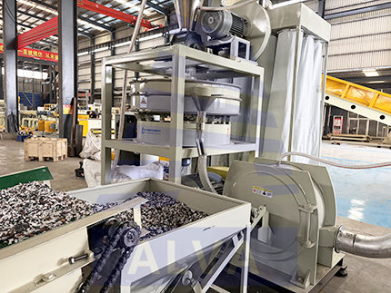 The ALVA Grinding & Storage System with Bag Filter functions as the final size-reduction, storage and dust control device in plastic waste processing workflows. It takes purified plastic materials from upstream equipment. It processes the materials into particles of consistent size. It stores the finished plastic particles for later handling. The bag filter receives dust-laden air from the grinding process. It removes dust particles from the air stream. It releases filtered air back to the environment. It completes the material processing cycle. It maintains air quality in the production area. It is designed to integrate with other equipment in the line. It meets the operational and environmental requirements of automated plastic recycling systems.