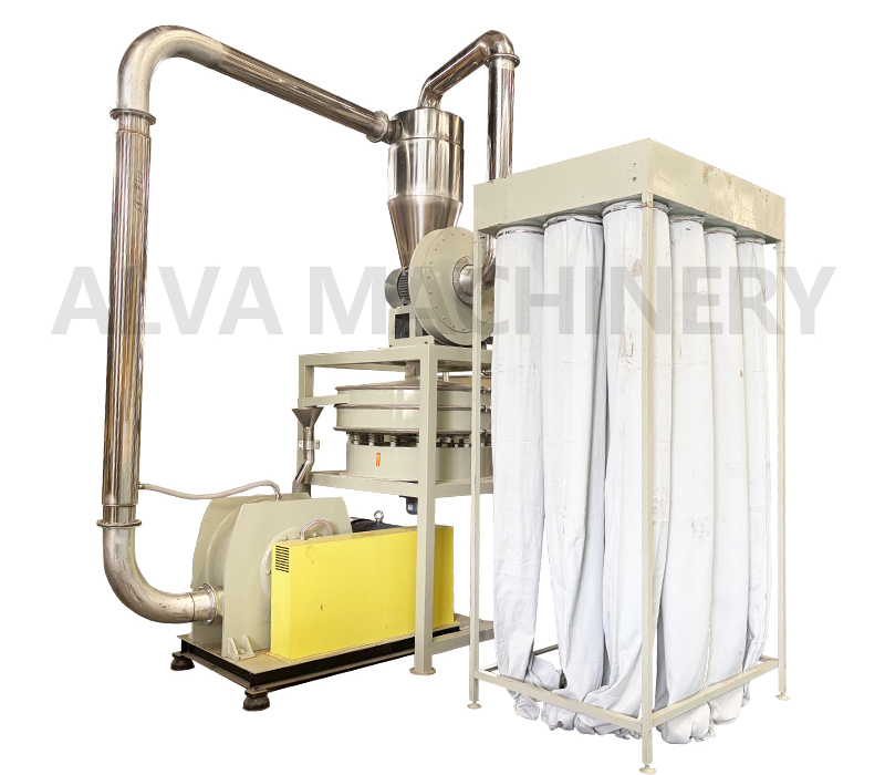 The ALVA Grinding & Storage System with Bag Filter functions as the final size-reduction, storage and dust control device in plastic waste processing workflows. It takes purified plastic materials from upstream equipment. It processes the materials into particles of consistent size. It stores the finished plastic particles for later handling. The bag filter receives dust-laden air from the grinding process. It removes dust particles from the air stream. It releases filtered air back to the environment. It completes the material processing cycle. It maintains air quality in the production area. It is designed to integrate with other equipment in the line. It meets the operational and environmental requirements of automated plastic recycling systems.